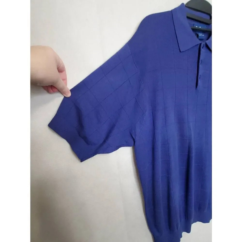 Paul Fredrick 100% Silk Banded Hem Window Pane Navy Blue Men's Polo Shirt